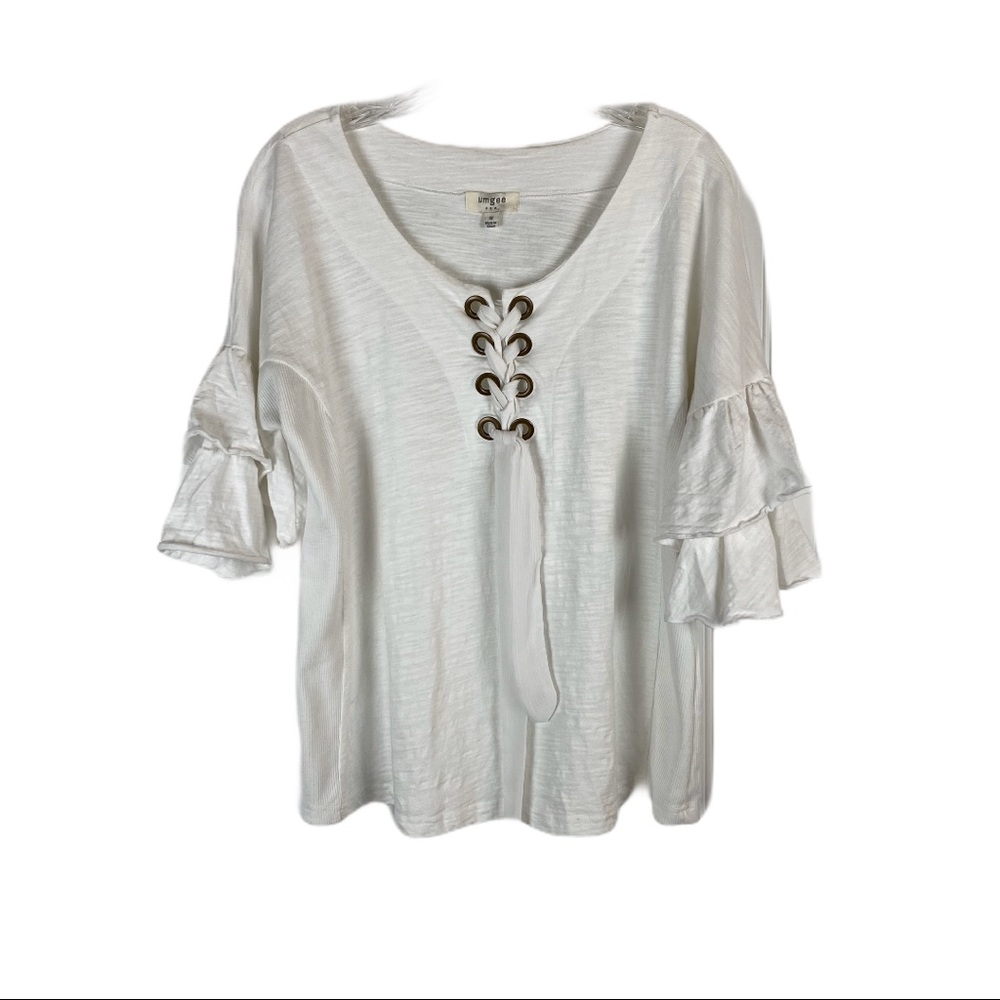 UMGEE Brass Eyelet Ruffle Sleeve White Top